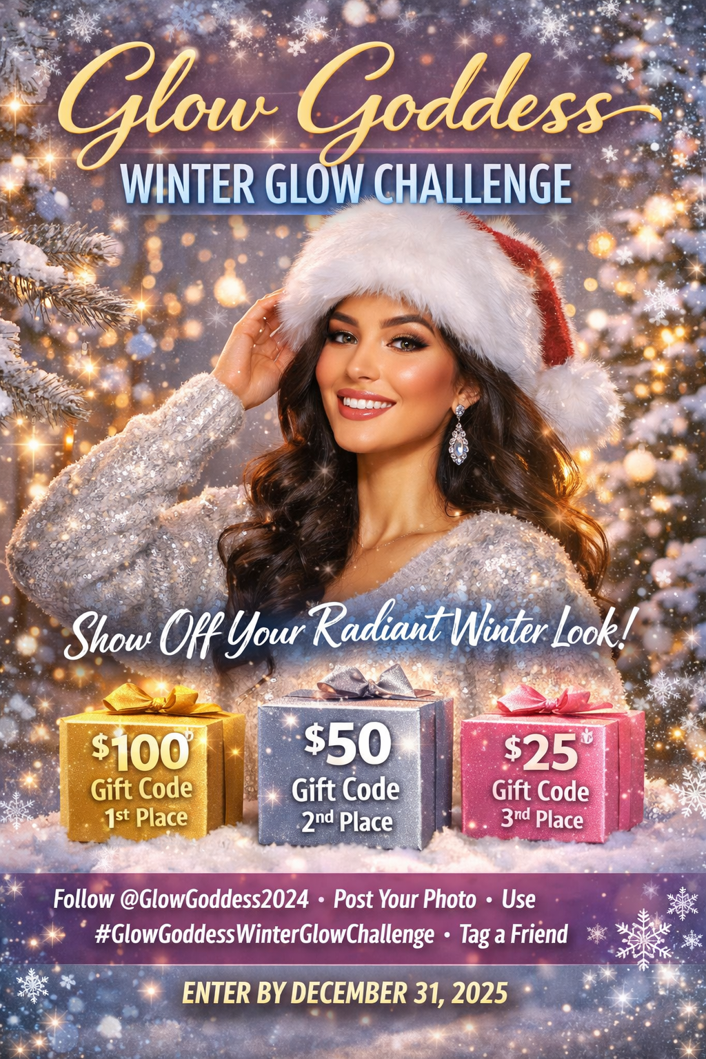 Woman wearing a sparkling winter outfit promoting the Glow Goddess Winter Glow Challenge with prize amounts of $100, $50, and $25